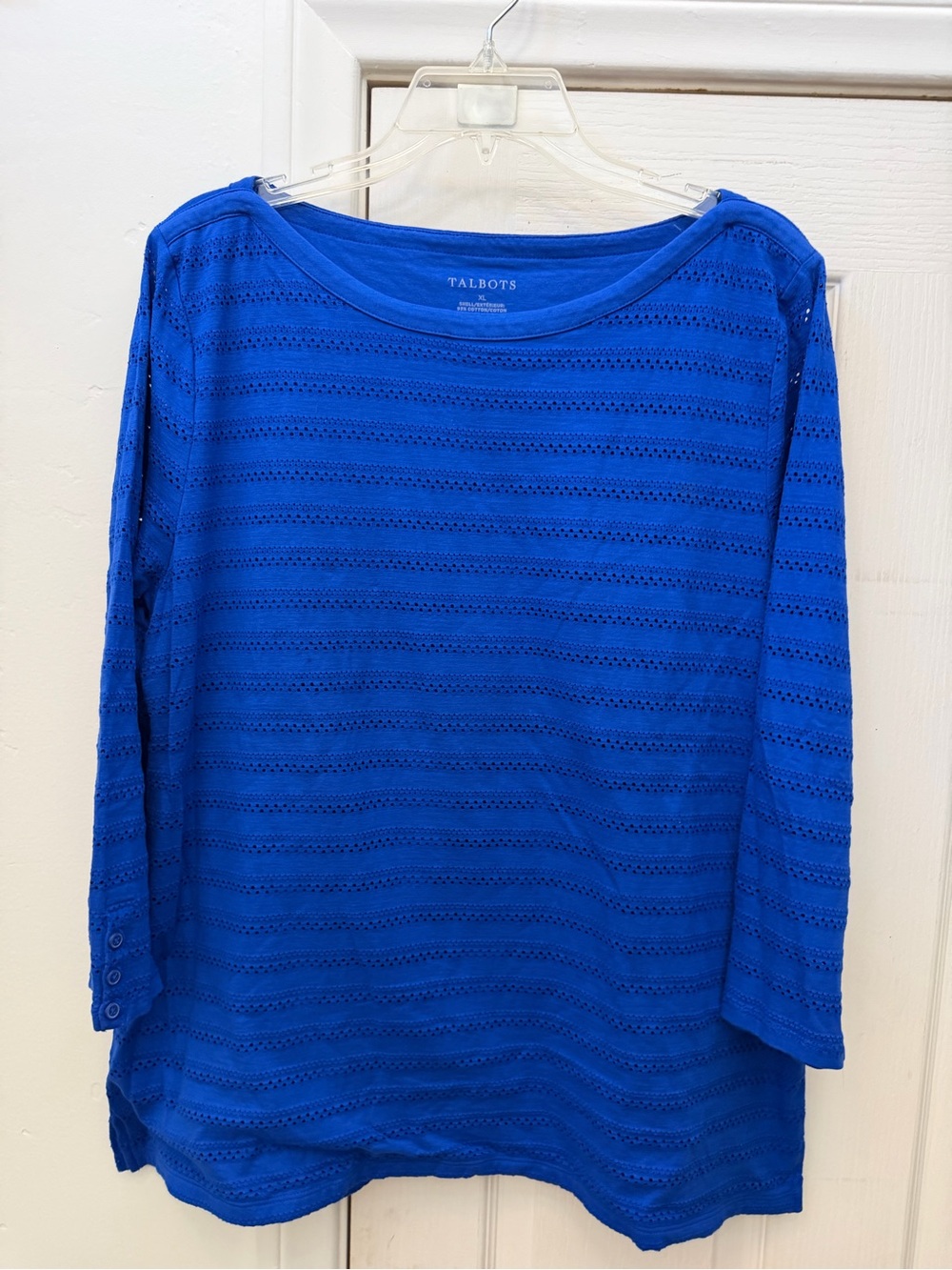 Talbots Cobalt Blue Crochet-Striped Boatneck Long Sleeve Top